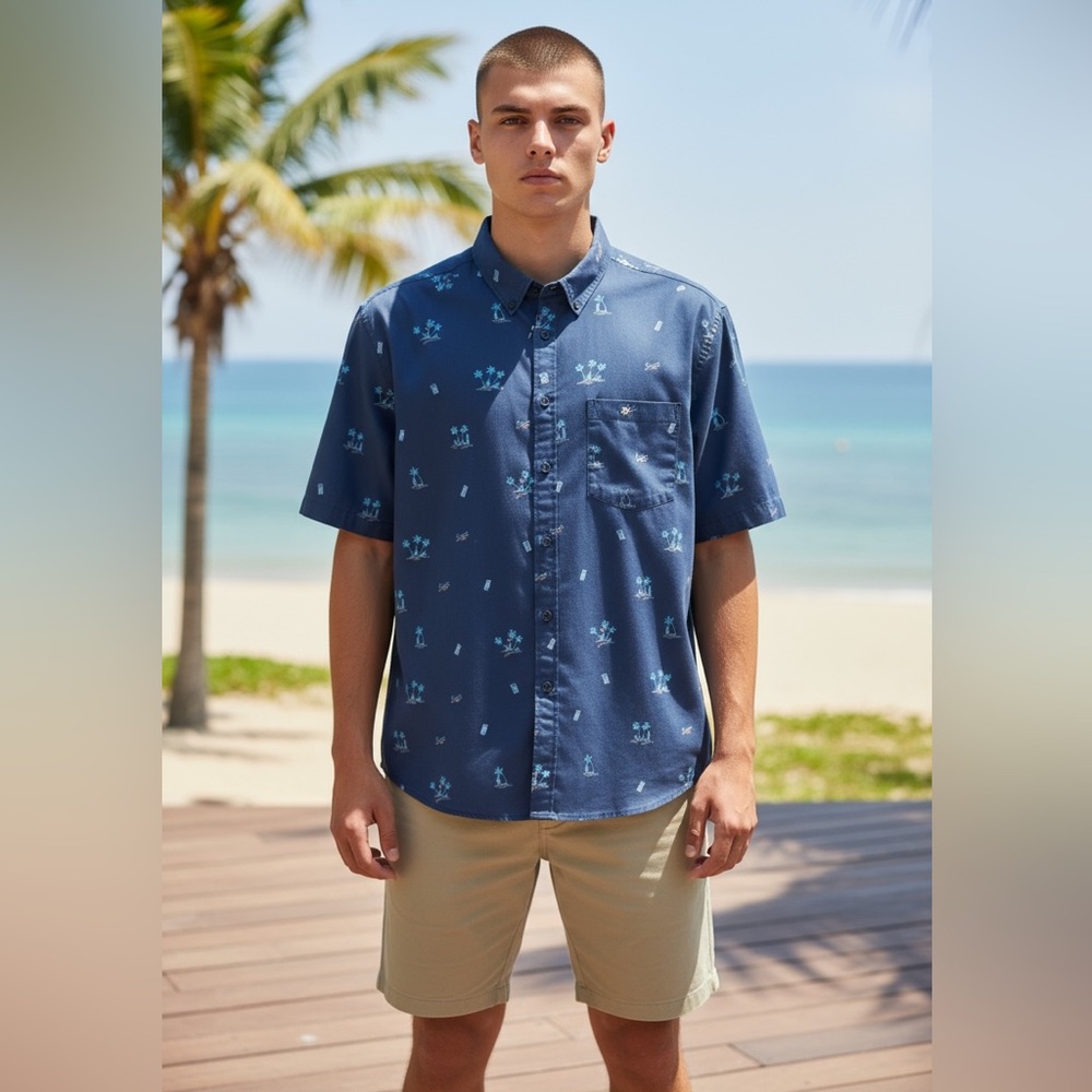 Flag & Anthem Palm Tree Button Down NWT • Large • Short Sleeve Coastal Cool